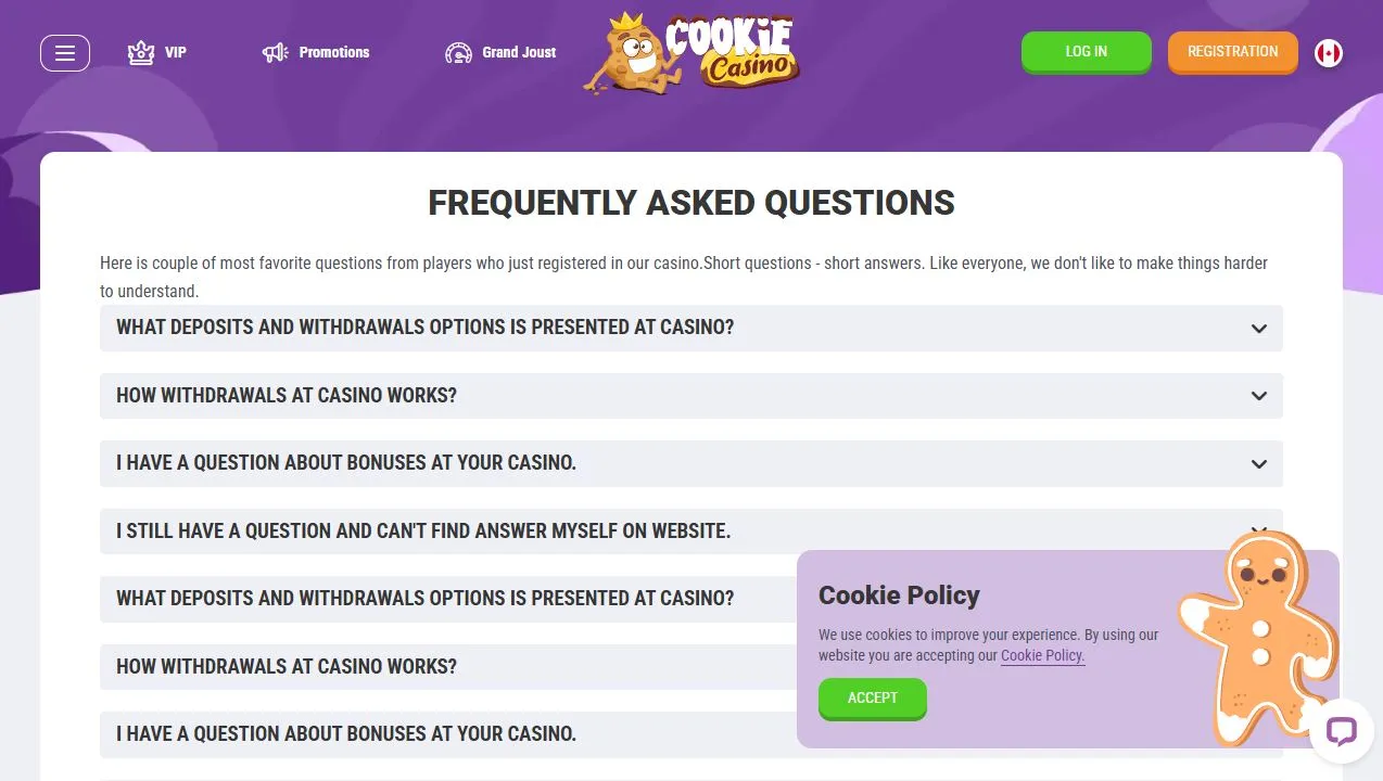 Cookie Casino help page